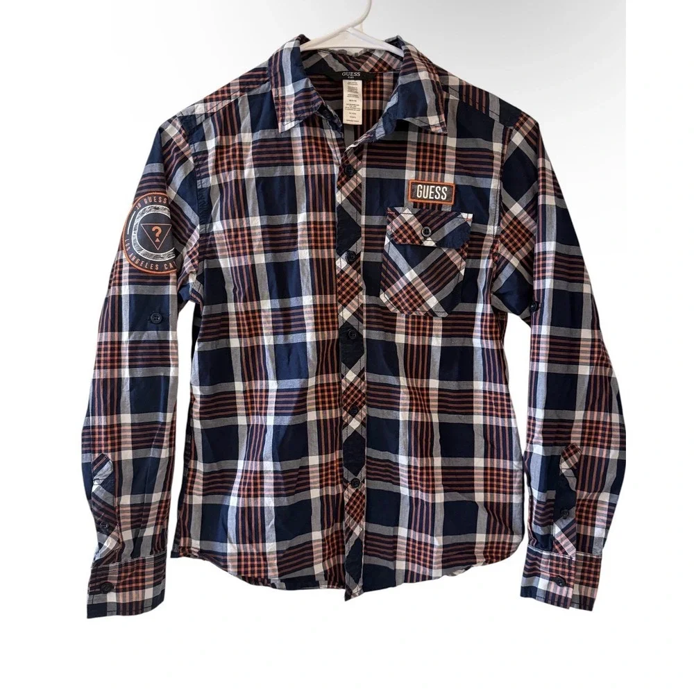 Guess Boys Navy Rust Plaid Flannel Shirt‎ M 10-12 Streetwear Prep Logo Patch